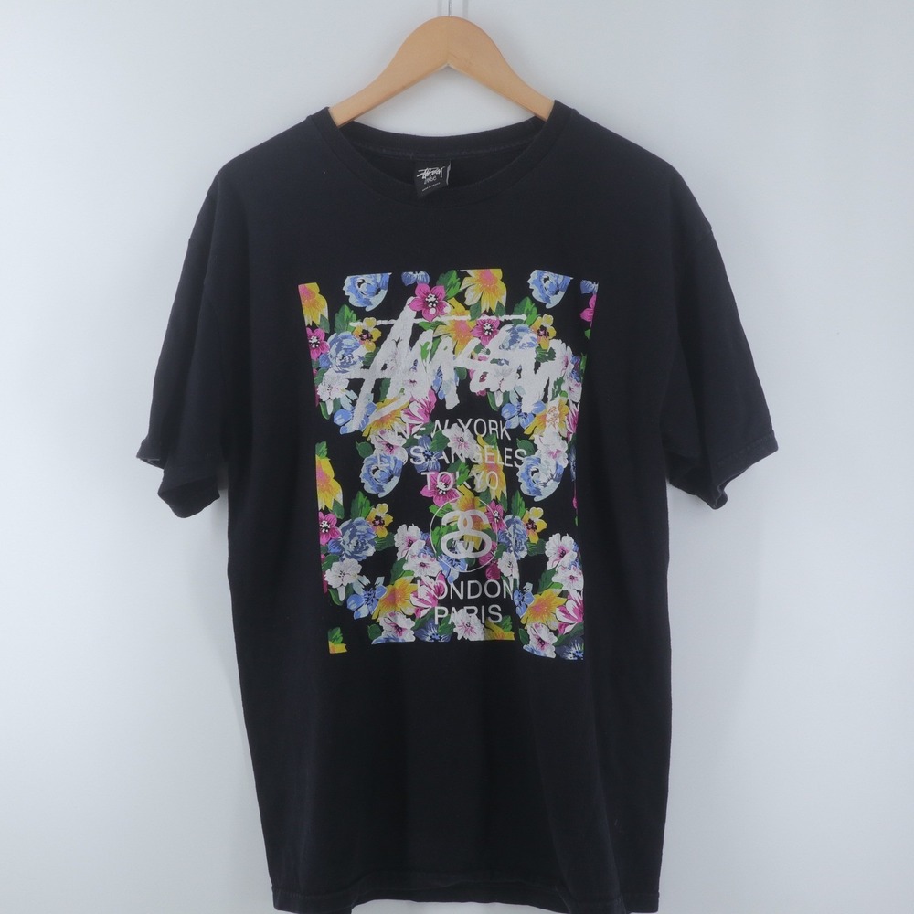 Stussy World Tour T-Shirt Mens Large Black Floral Graphic Print Good